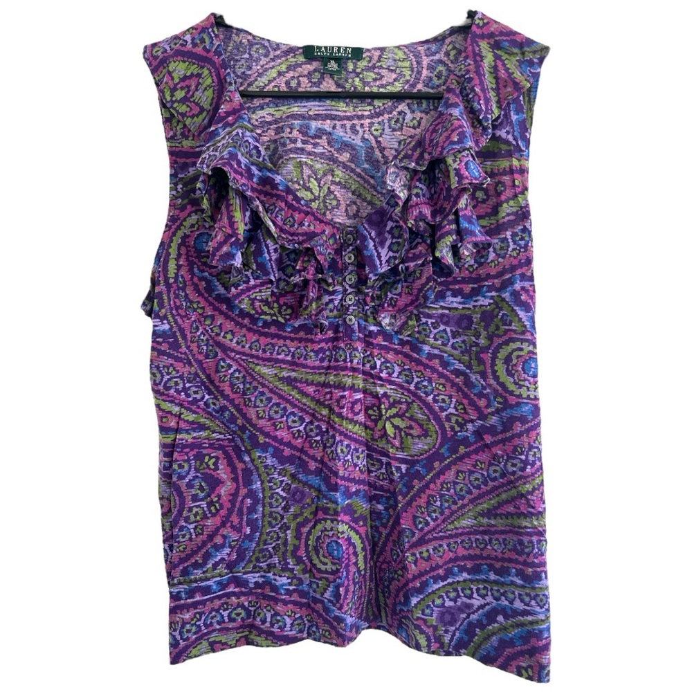 Ralph Lauren Paisley Ruffle Top - Purple and Green| Size Xl
